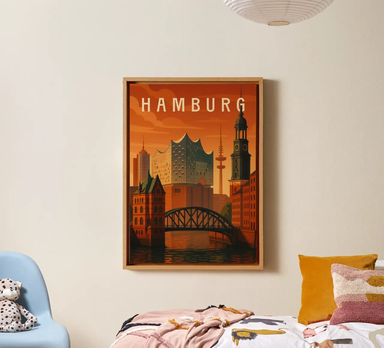 Hamburg Reisposter Duitsland - Haven, Zonsondergang & Stadsgezichten canvas met Baklijst van Wanderlust