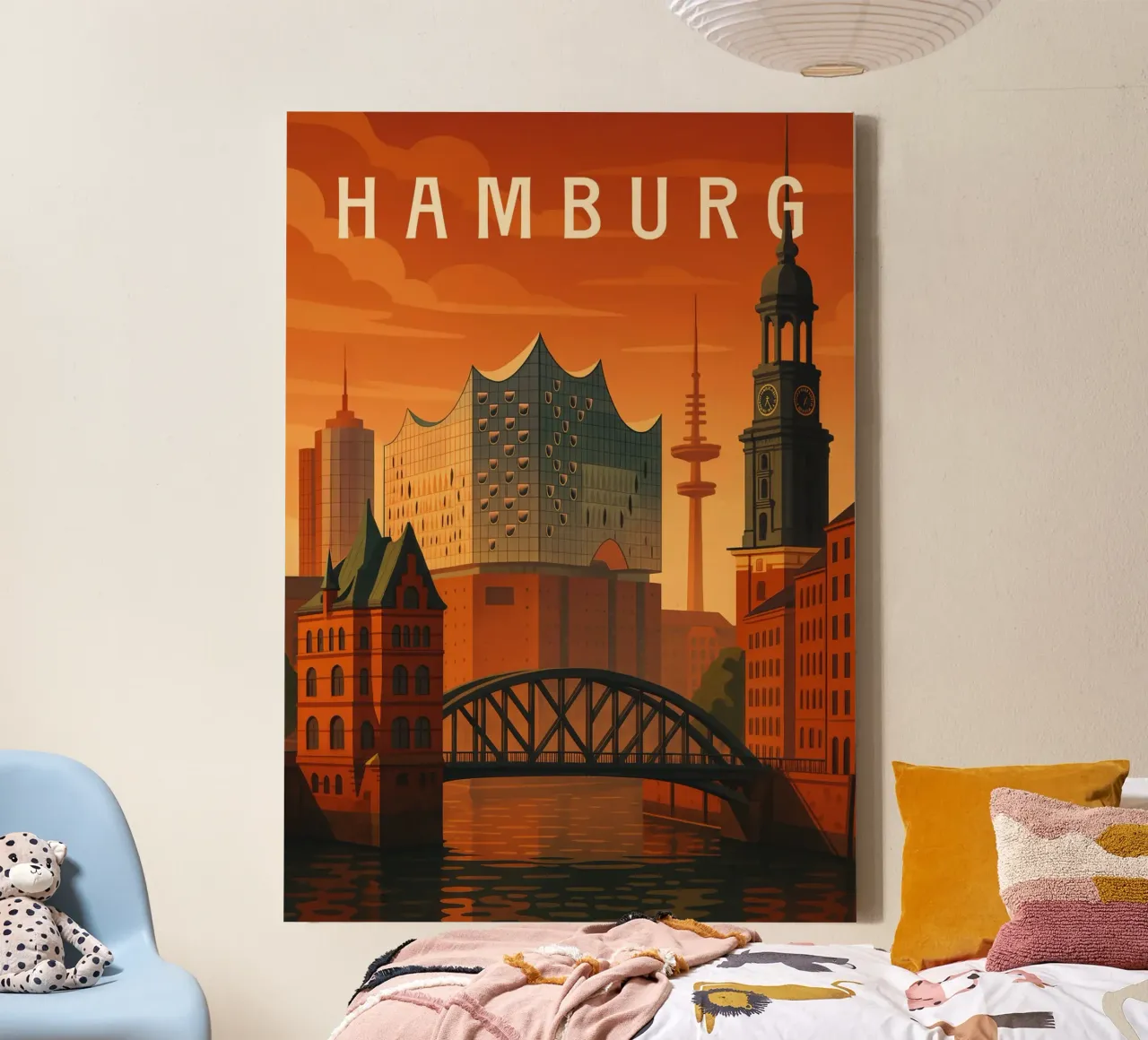 Hamburg Reisposter Duitsland - Haven, Zonsondergang & Stadsgezichten canvas met Baklijst van Wanderlust