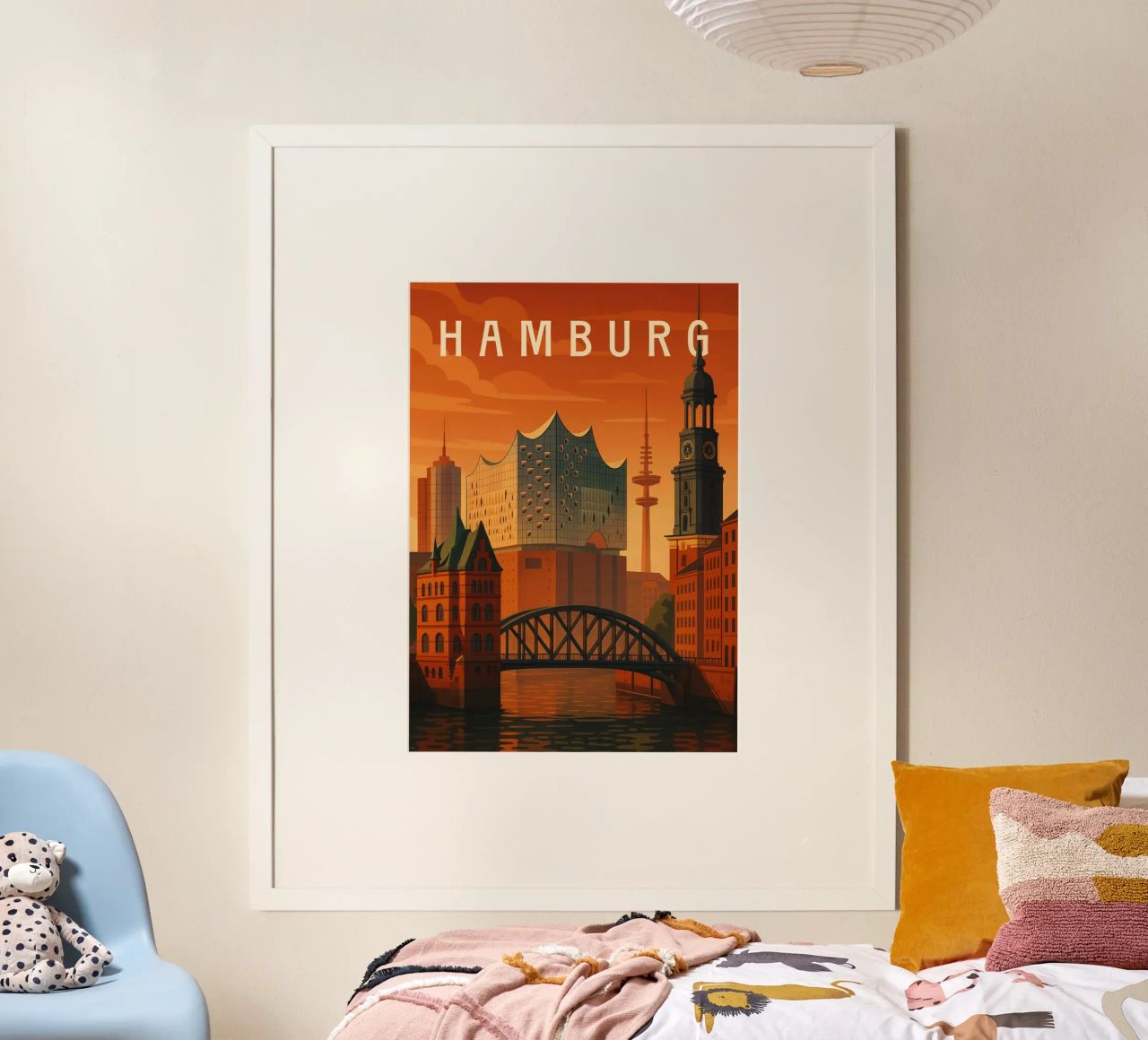 Hamburg Reiseposter Deutschland - Hafen, Sonnenuntergang & Stadt-Icons Poster von Wanderlust
