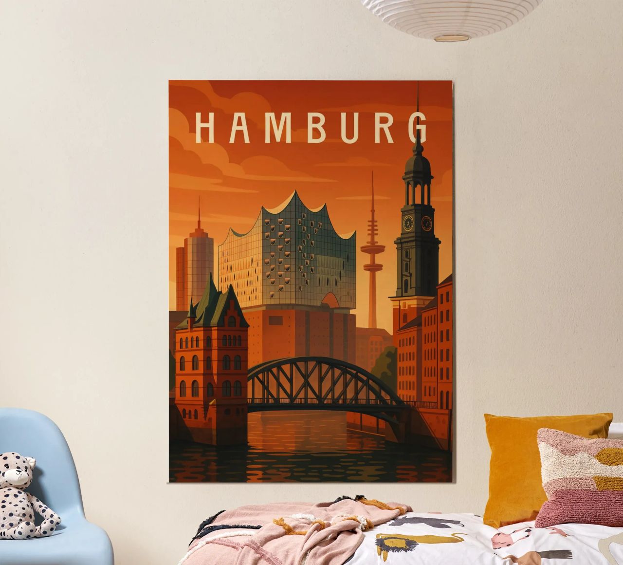 Hamburg Reiseposter Deutschland - Hafen, Sonnenuntergang & Stadt-Icons Poster von Wanderlust