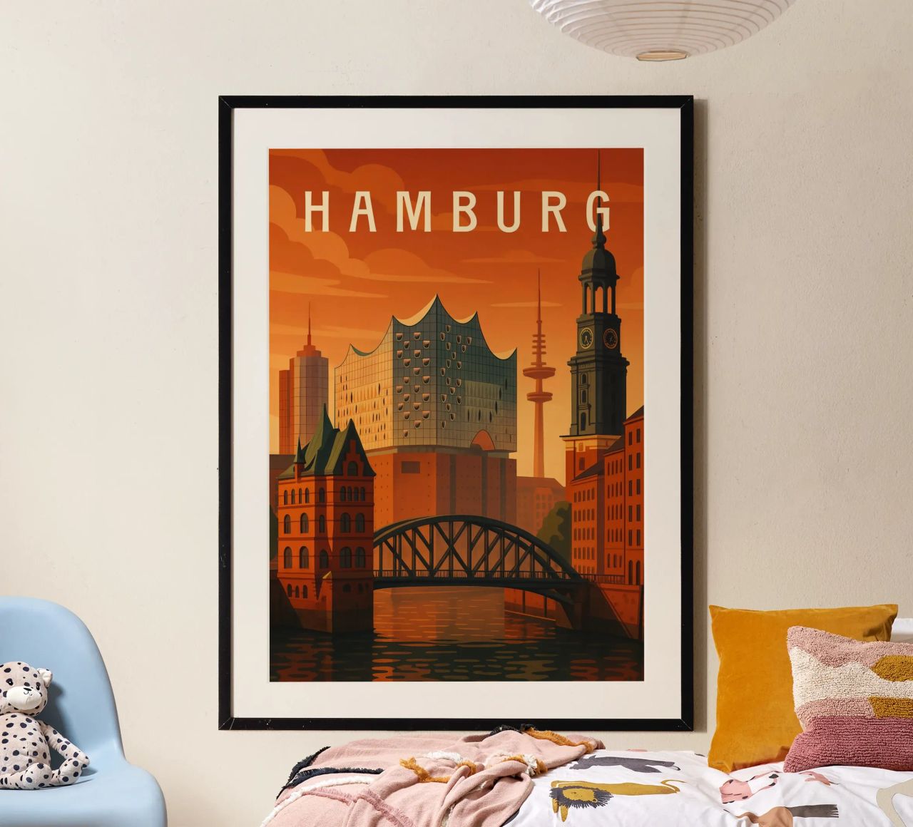 Hamburg Reiseposter Deutschland - Hafen, Sonnenuntergang & Stadt-Icons Poster von Wanderlust