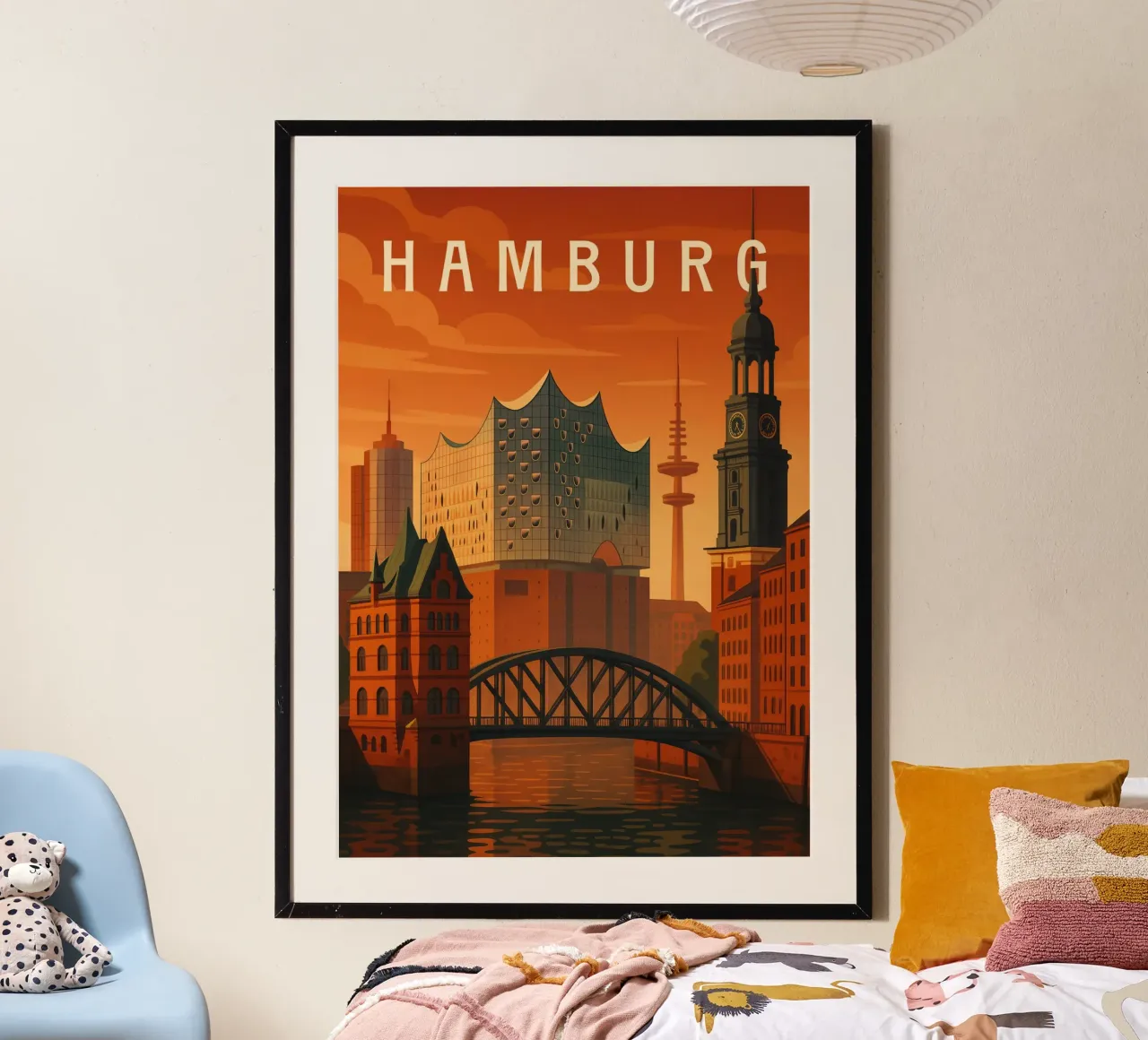Hamburg Travel Poster Germany – Harbor, Sunset & City Icons hahnemühle by Wanderlust