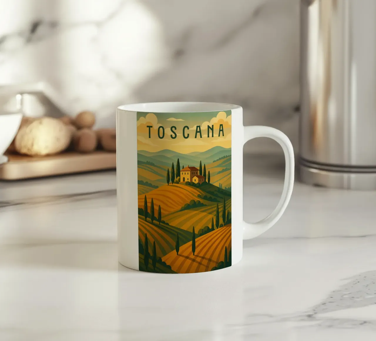 Poster di viaggio sulla Toscana - Colline ondulate e strade di cipressi tazza in ceramica da Wanderlust