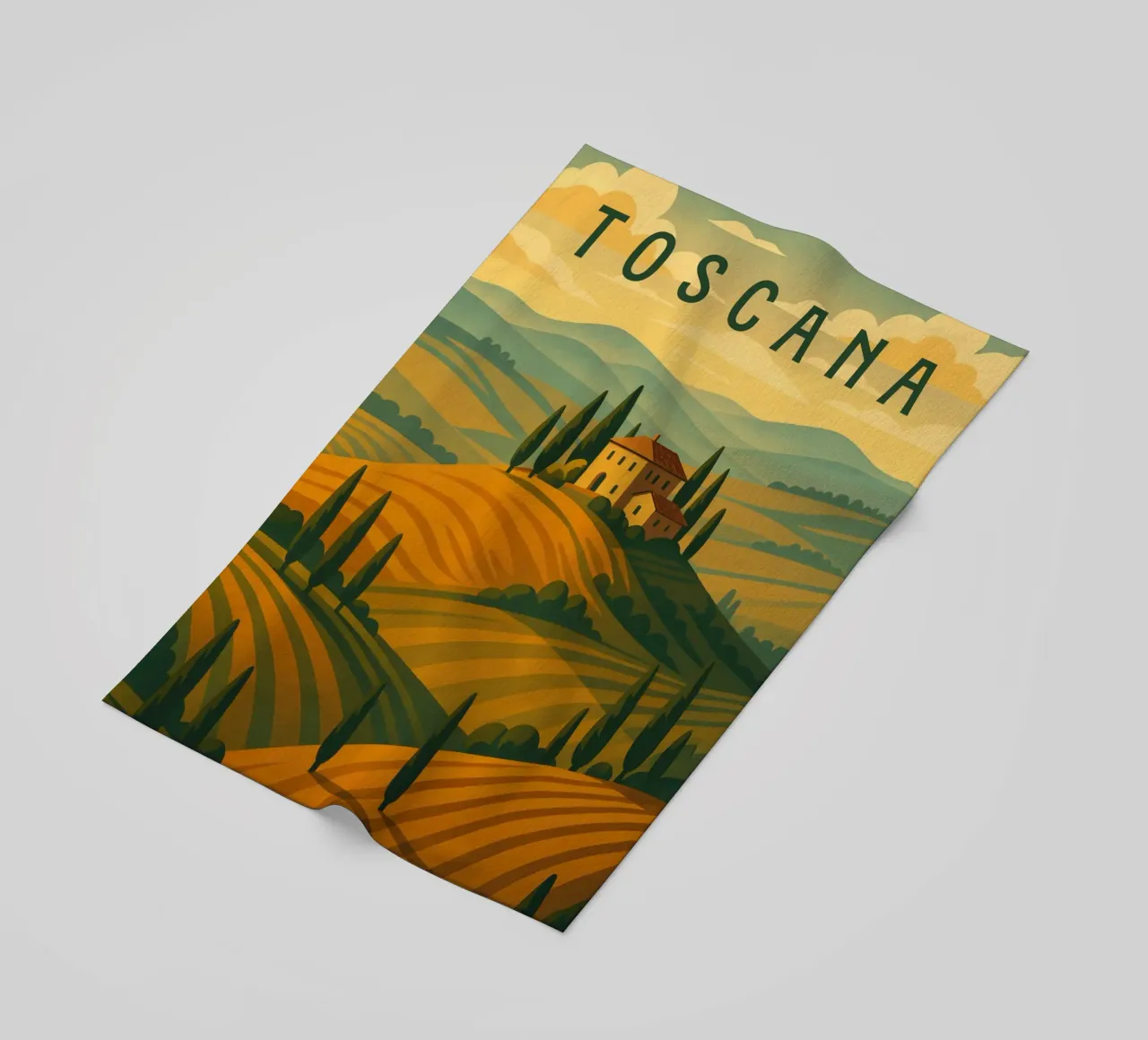 Tuscany Travel Poster Italy – Rolling Hills & Cypress Roads beach towel by Wanderlust