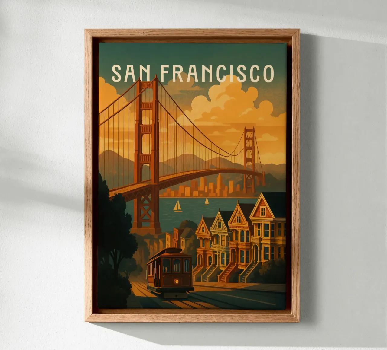 San Francisco Reisposter - Golden Gate & Stadskust canvas met Baklijst van Wanderlust