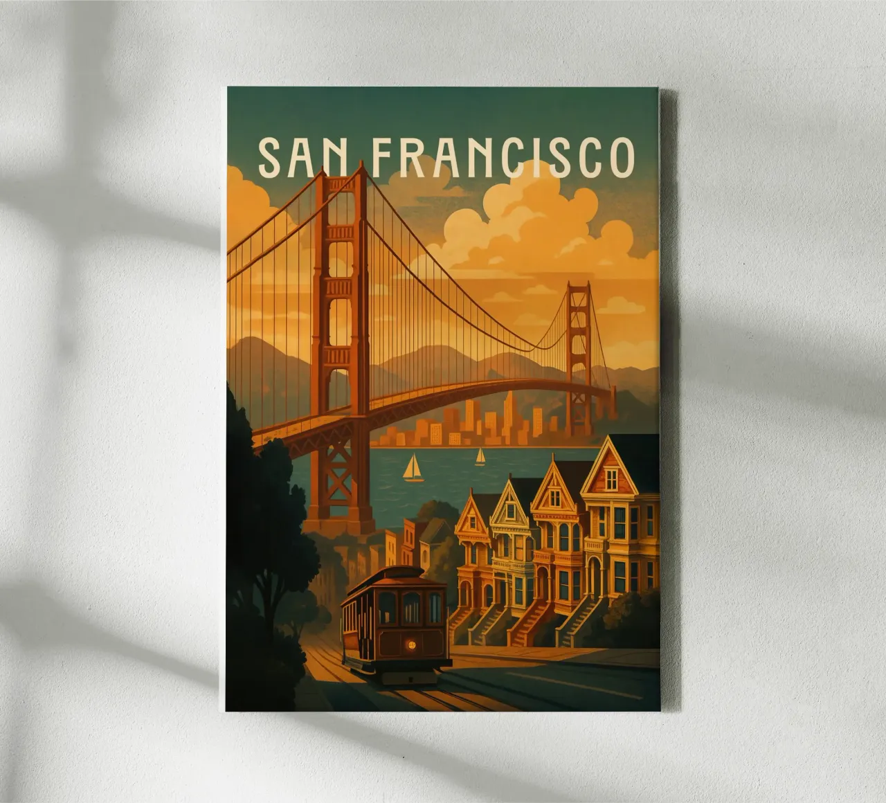 San Francisco Reisposter - Golden Gate & Stadskust canvas met Baklijst van Wanderlust