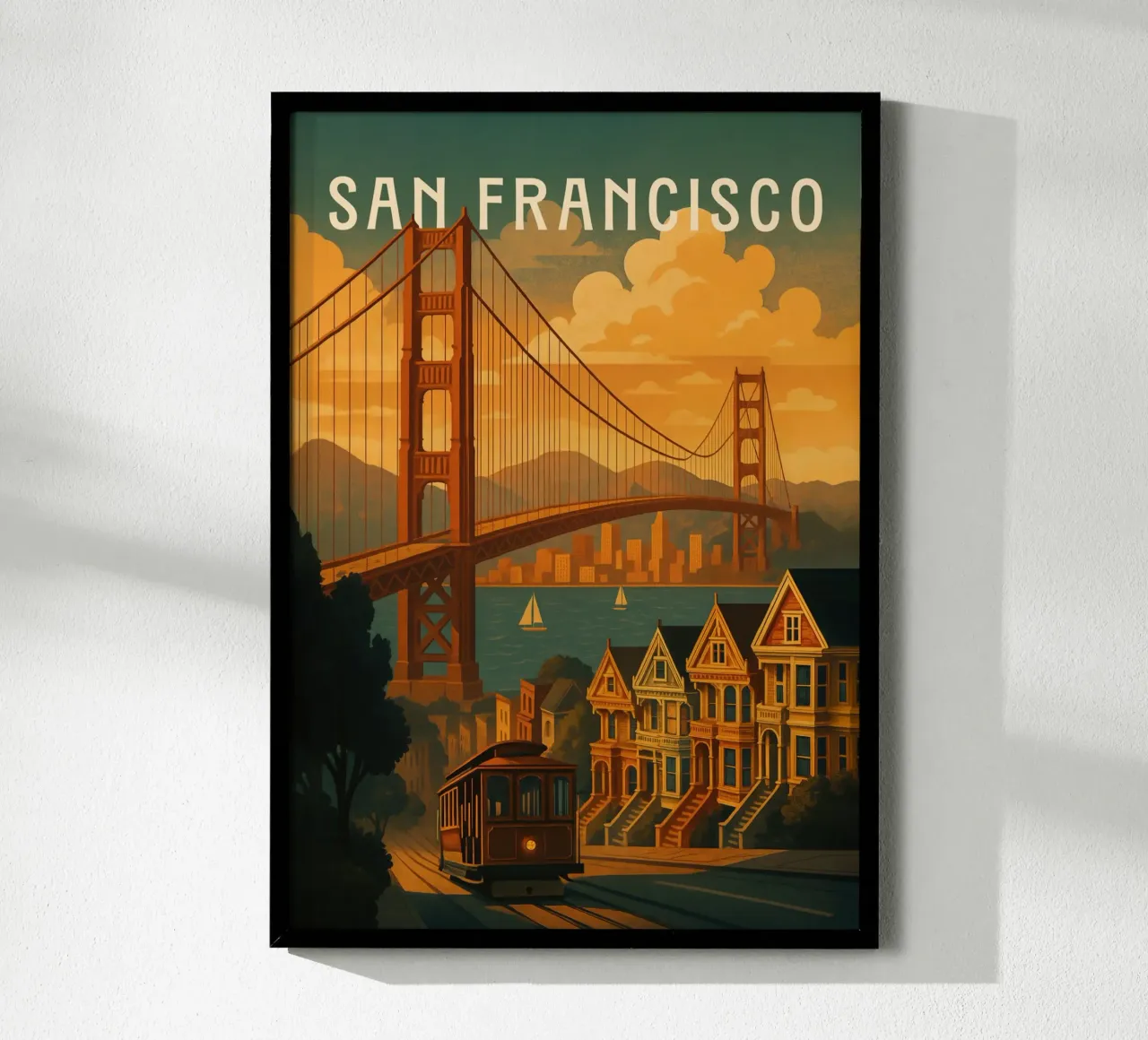 Poster di viaggio di San Francisco - Golden Gate e costa urbana poster con telaio in alluminio da Wanderlust