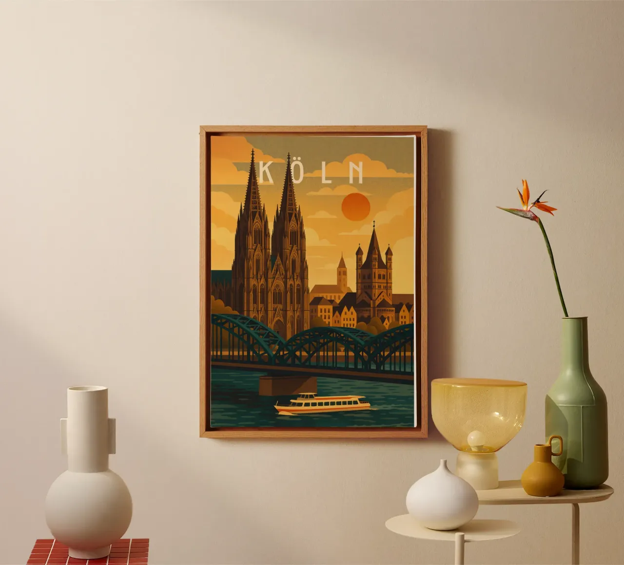 Keulen Reisposter Duitsland - Kathedraal & Uitzicht op de Rijn canvas met Baklijst van Wanderlust