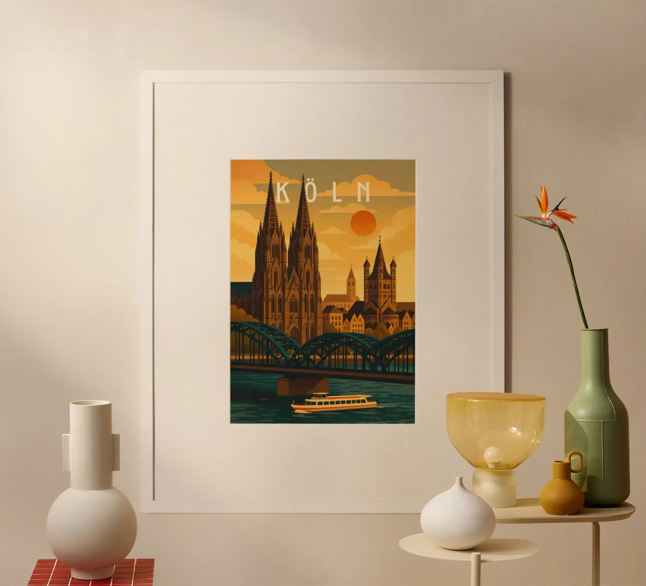 Poster di viaggio Colonia Germania - Cattedrale e vista sul fiume Reno poster da Wanderlust