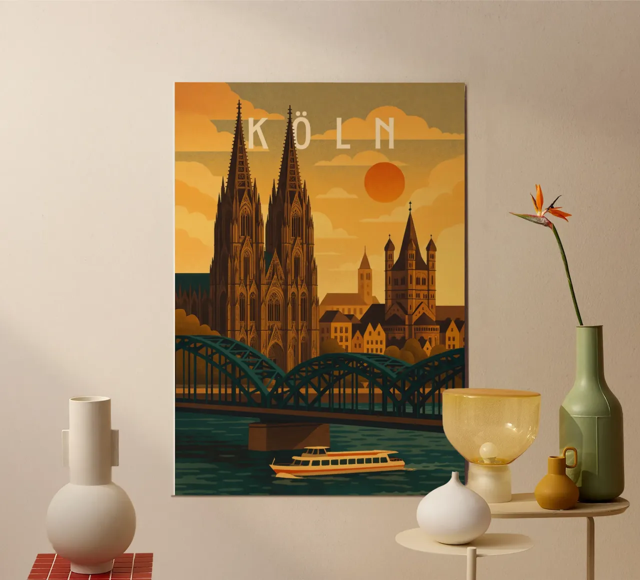 Poster di viaggio Colonia Germania - Cattedrale e vista sul fiume Reno poster da Wanderlust