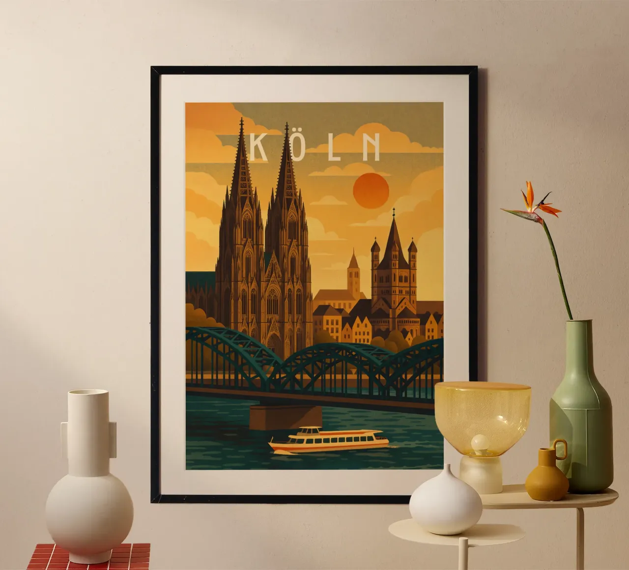 Poster di viaggio Colonia Germania - Cattedrale e vista sul fiume Reno poster da Wanderlust
