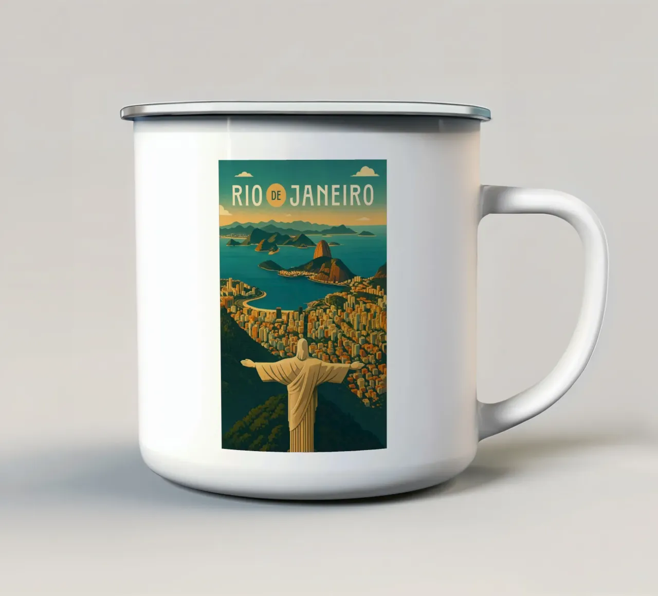Rio de Janeiro Travel Poster Brazil – Christ & Sugarloaf Sun enamel mug by Wanderlust