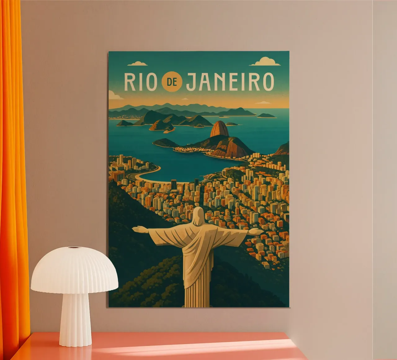 Rio de Janeiro Travel Poster Brazil – Christ & Sugarloaf Sun poster with aluminum frame by Wanderlust