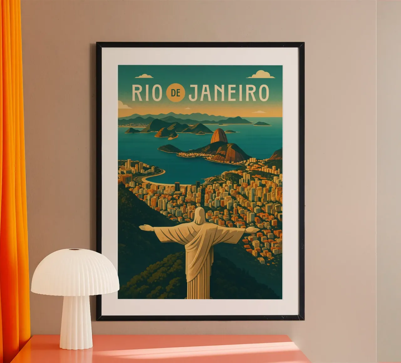 Rio de Janeiro Travel Poster Brazil – Christ & Sugarloaf Sun poster with aluminum frame by Wanderlust