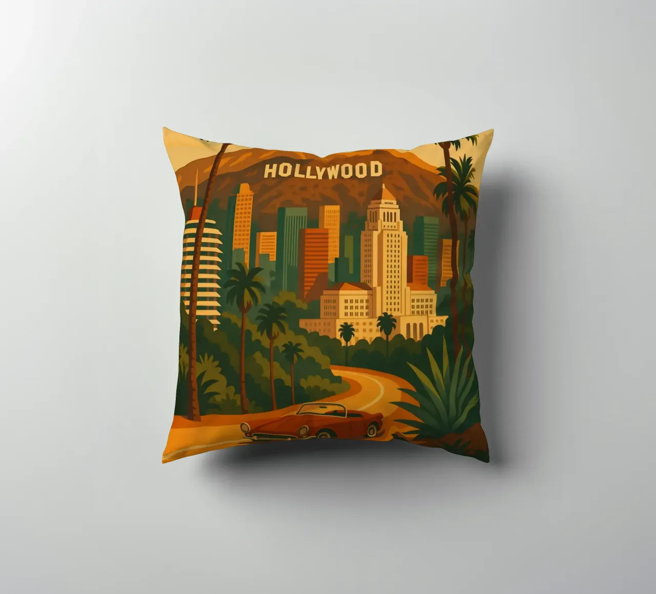 Poster di viaggio di Los Angeles - Colline di Hollywood e cielo al tramonto cuscino da Wanderlust
