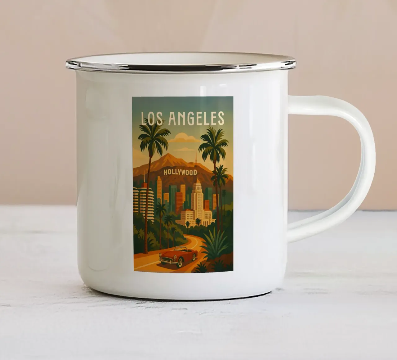 Los Angeles Travel Poster - Hollywood Hills & Sunset Skies enamel mug by Wanderlust
