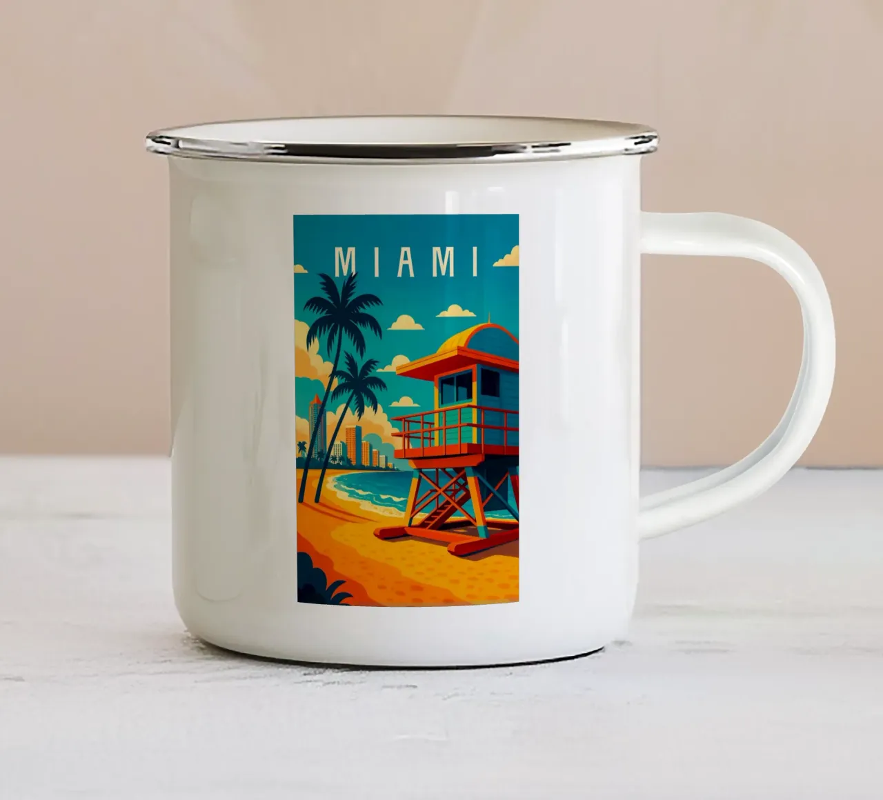 Miami Travel Poster – Beach, Palm Trees & Ocean Breeze enamel mug by Wanderlust