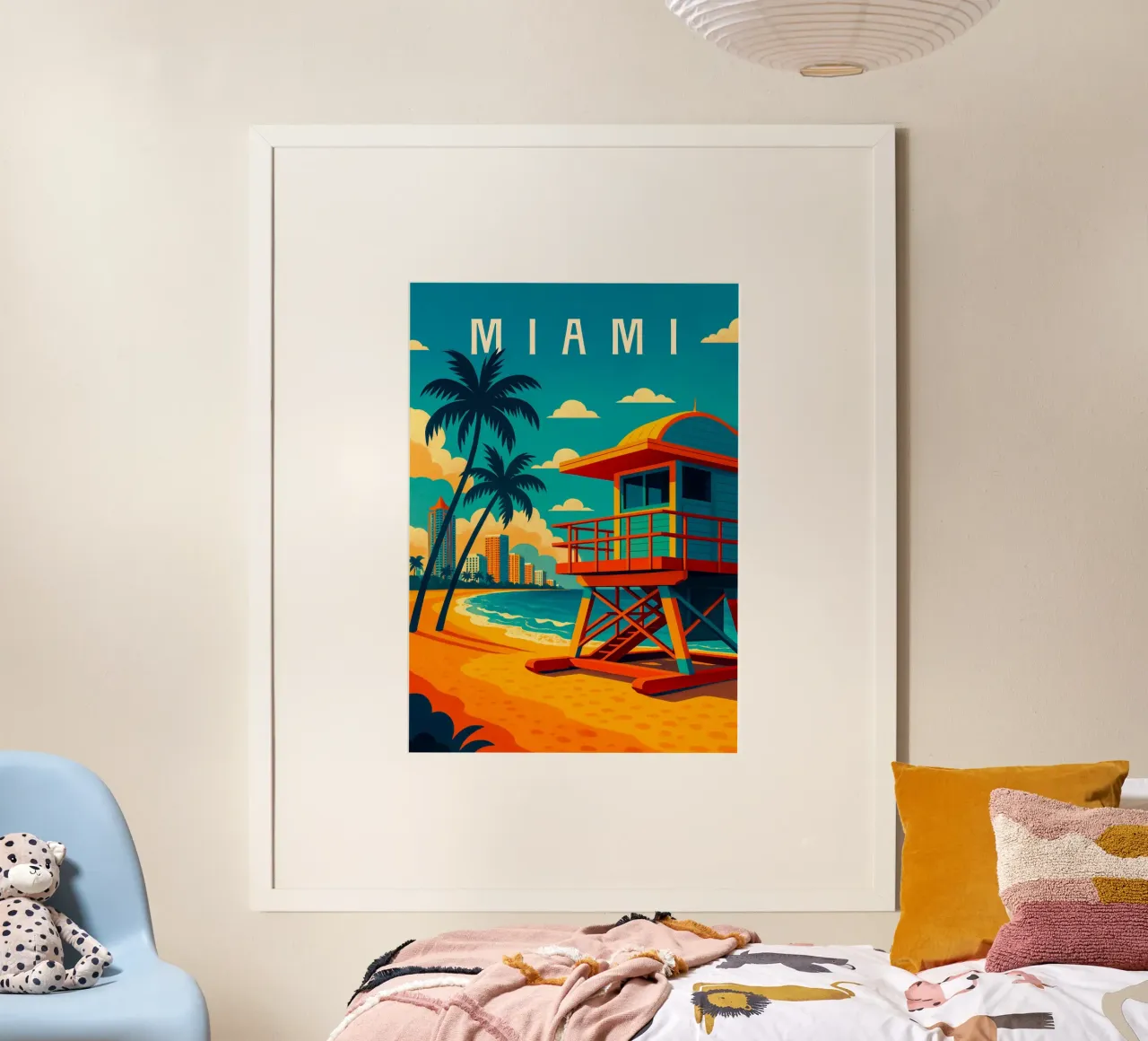 Poster di viaggio di Miami - Spiaggia, palme e brezza oceanica poster con telaio in alluminio da Wanderlust