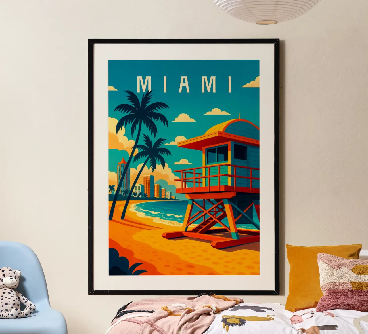 Poster di viaggio di Miami - Spiaggia, palme e brezza oceanica poster con telaio in alluminio da Wanderlust