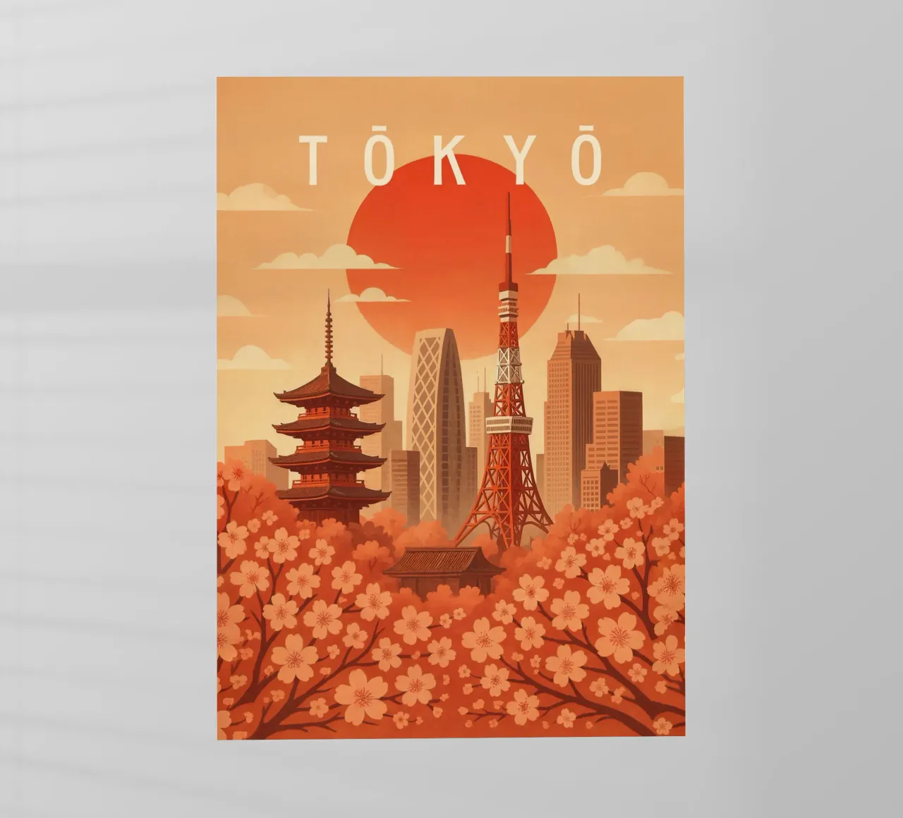 Tokyo Travel Poster Japan – Cherry Blossoms & Neon Skyline backlit film by Wanderlust