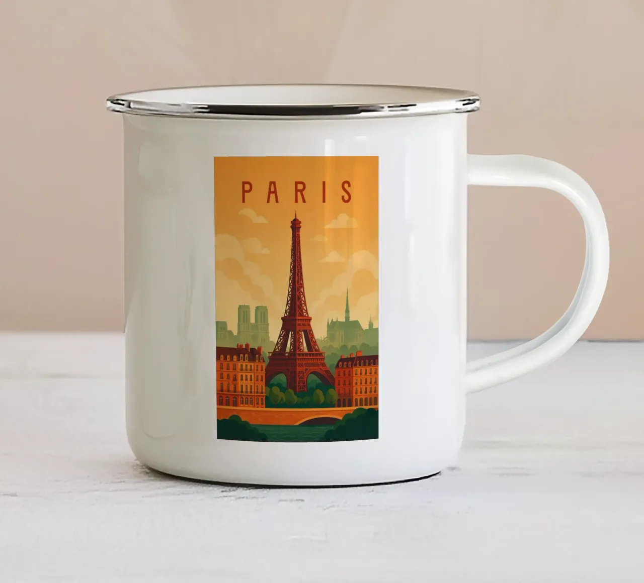 Poster di viaggio Parigi Francia - Torre Eiffel e Senna romantica tazza in smalto da Wanderlust
