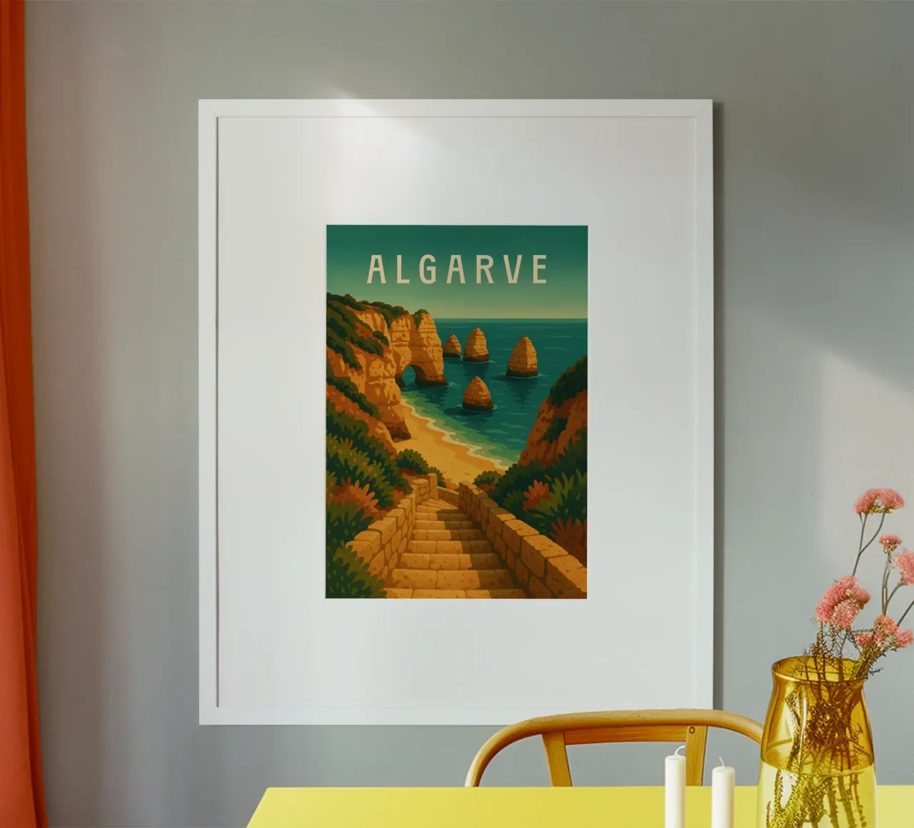 Affiche de voyage de l'Algarve Portugal - Falaises et plage de l'Atlantique Tra poster de Wanderlust