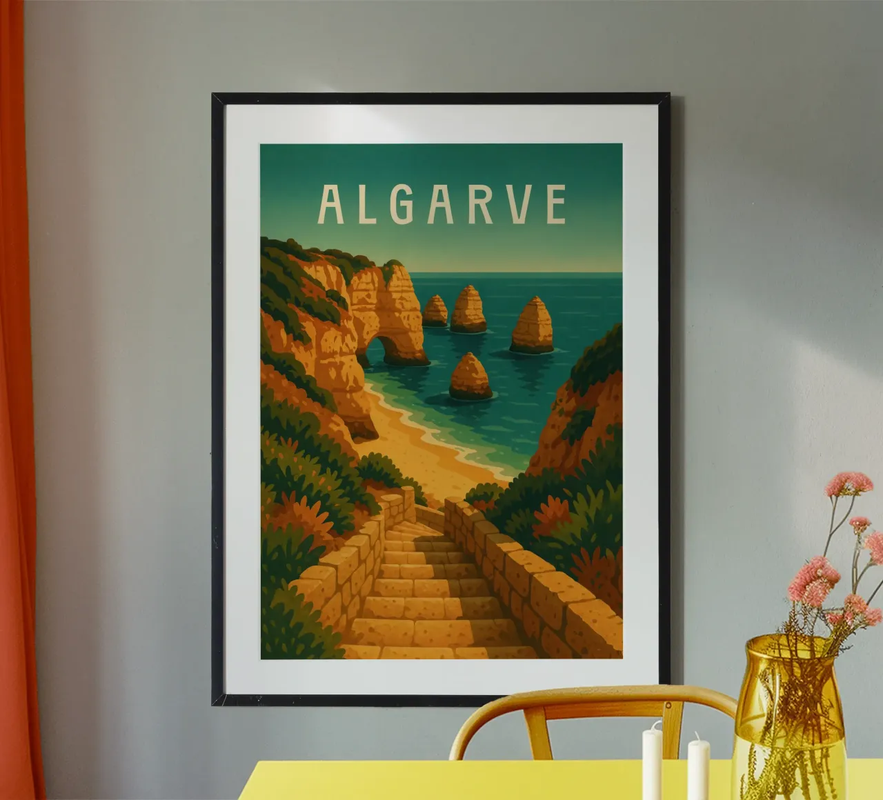 Affiche de voyage de l'Algarve Portugal - Falaises et plage de l'Atlantique Tra poster de Wanderlust