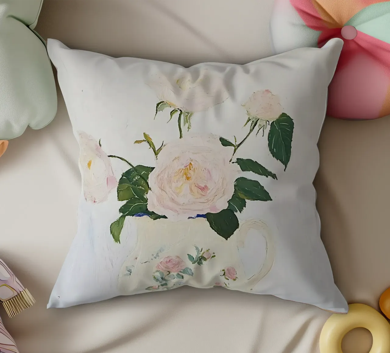 Rose in vaso, fiori, poster floreale, pittura d'epoca cuscino da Little Lila
