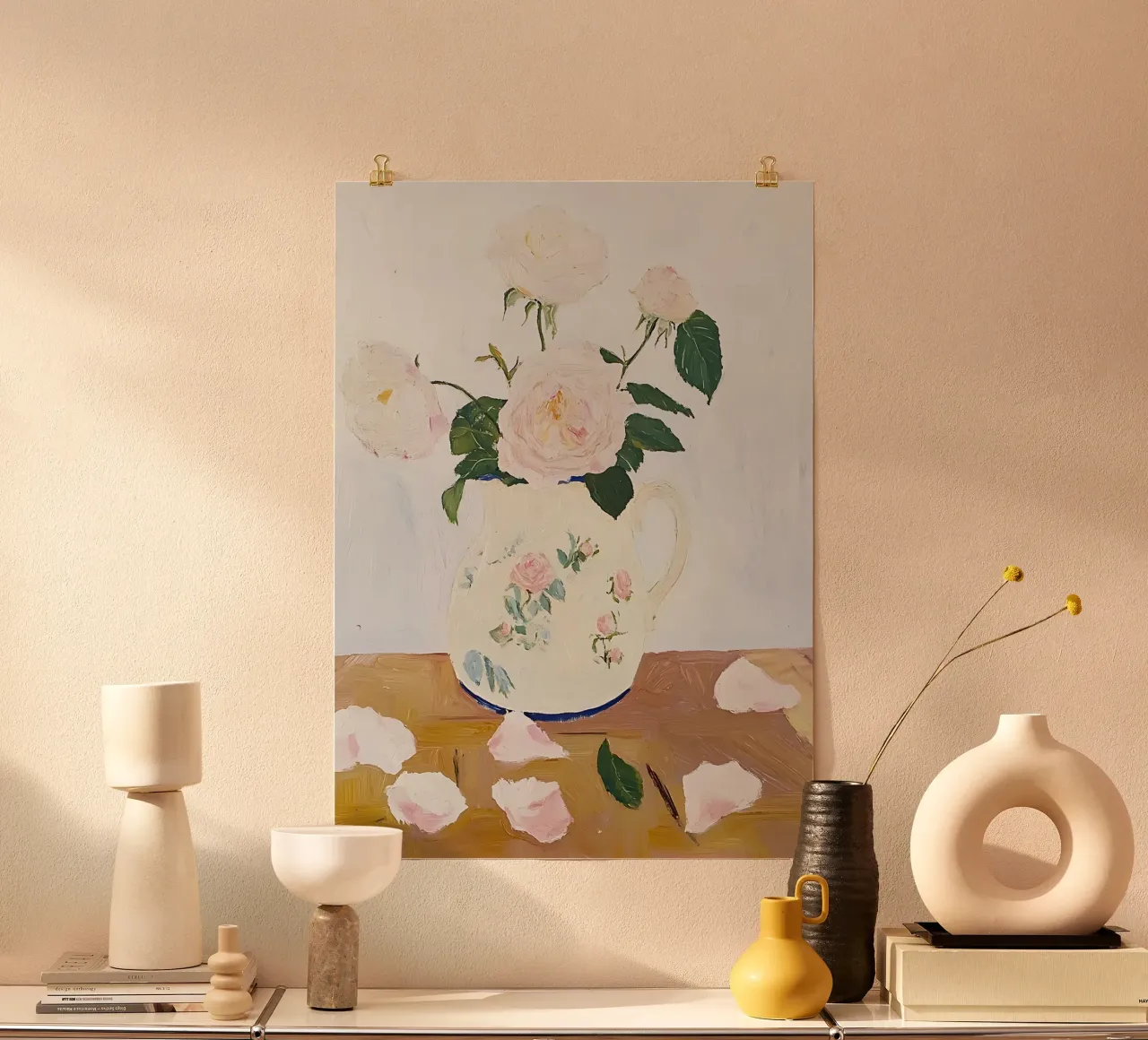 Rose in vaso, fiori, poster floreale, pittura d'epoca poster con telaio in plastica da Little Lila