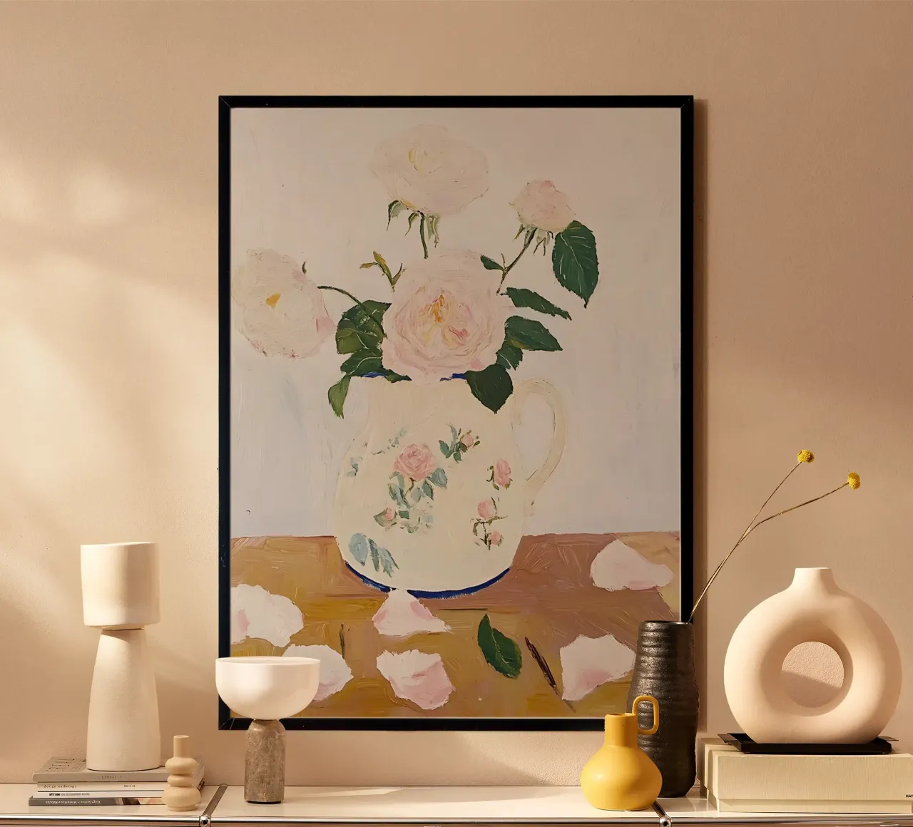 Rose in vaso, fiori, poster floreale, pittura d'epoca poster con telaio in plastica da Little Lila