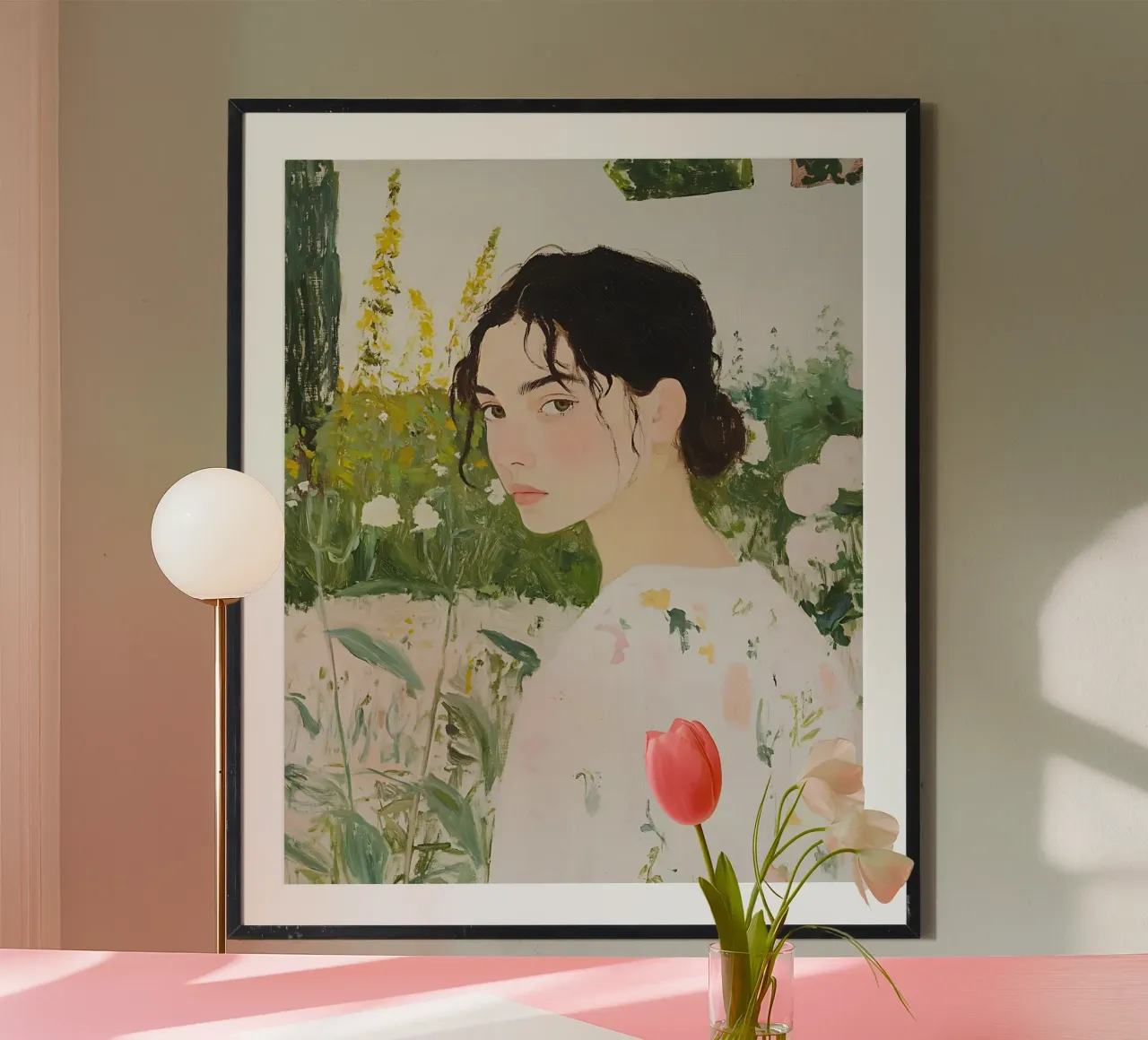 Abstracte vrouwenprint, vrouw in wilde bloemen, groene poster poster met houten frame van Little Lila