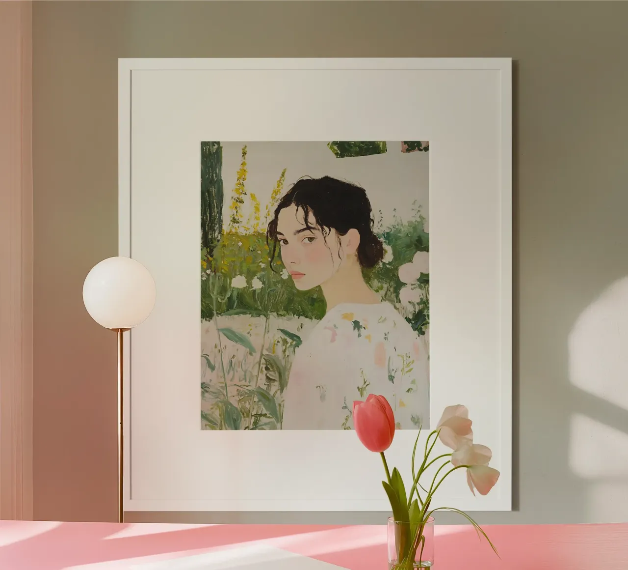Abstracte vrouwenprint, vrouw in wilde bloemen, groene poster poster met houten frame van Little Lila