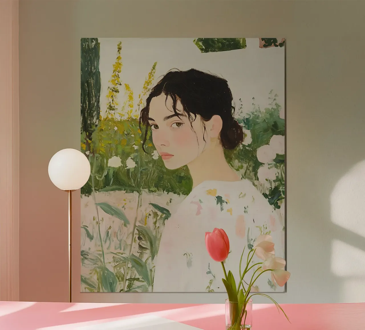 Abstracte vrouwenprint, vrouw in wilde bloemen, groene poster poster met houten frame van Little Lila