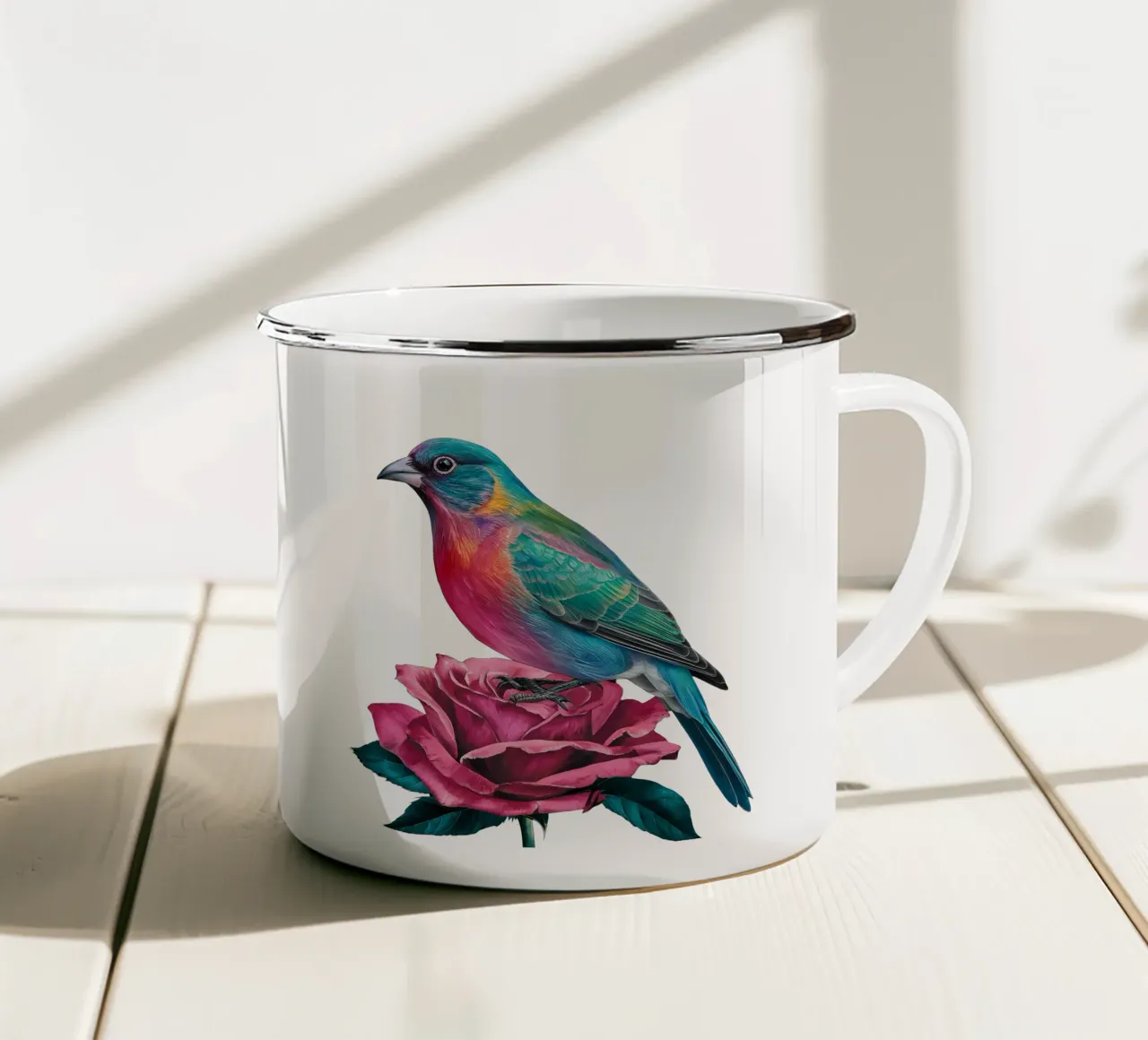 L'uccello e la rosa tazza in smalto da dinem