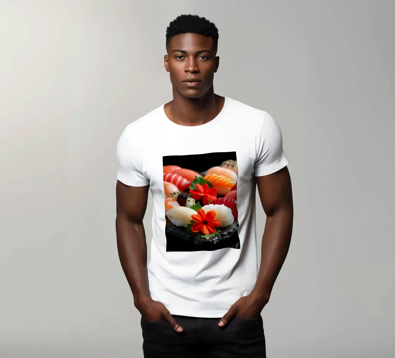 Piatto di sushi colorato disposto a forma di cuore con fiori t-shirt da DesignDoodle