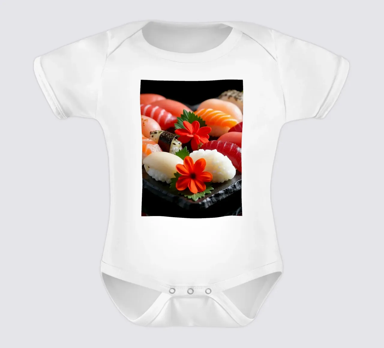Plat de sushi coloré en forme de cœur avec des fleurs body bébé de DesignDoodle