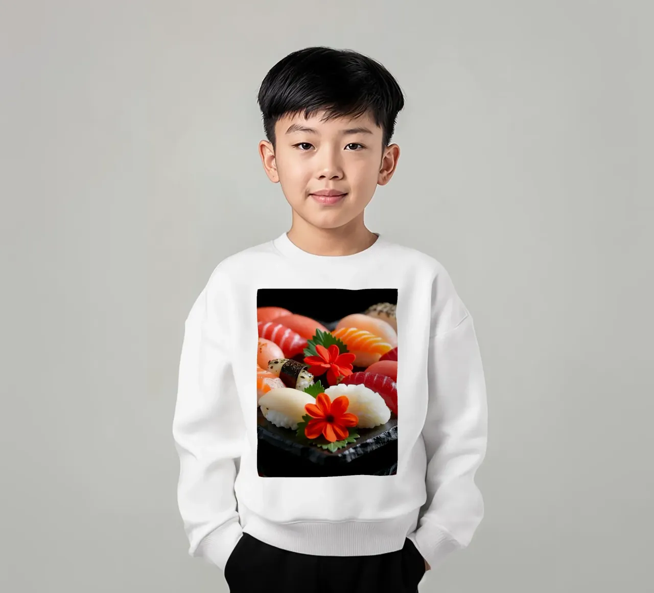 Piatto di sushi colorato disposto a forma di cuore con fiori felpa bambino da DesignDoodle