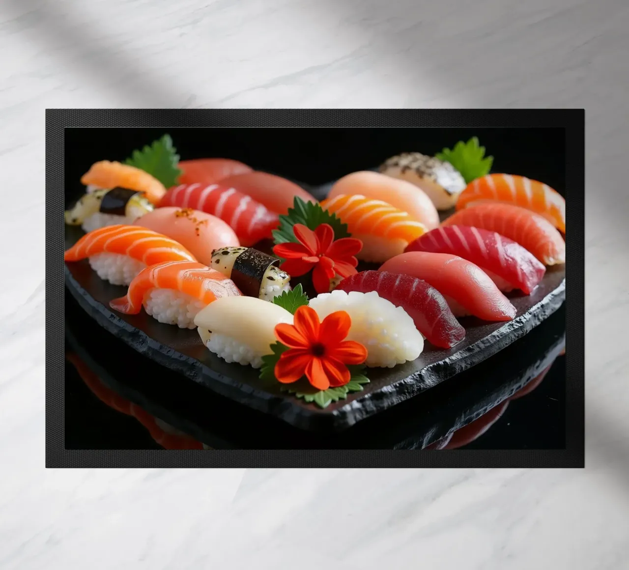Piatto di sushi colorato disposto a forma di cuore con fiori zerbino da DesignDoodle