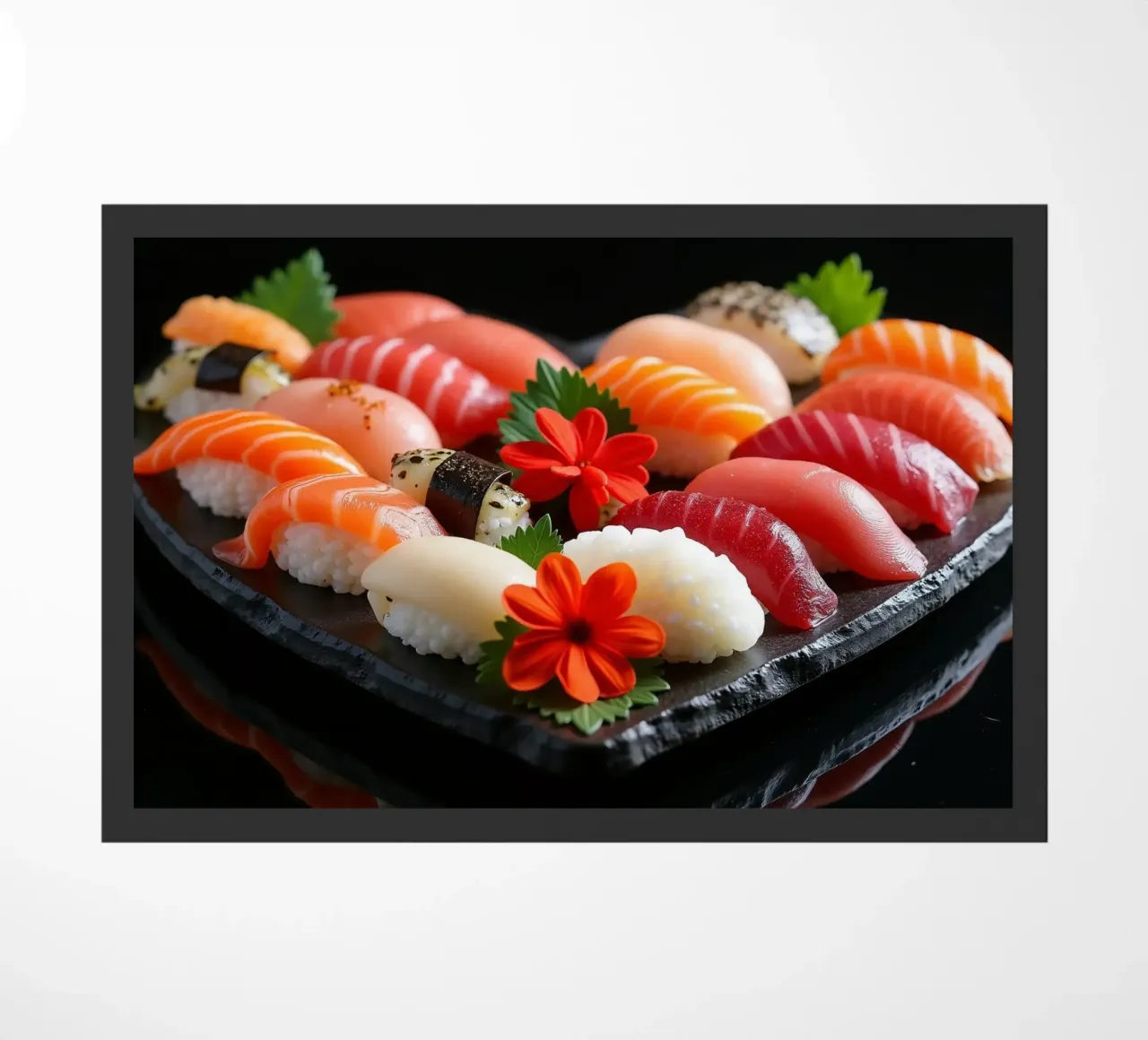Piatto di sushi colorato disposto a forma di cuore con fiori zerbino da DesignDoodle