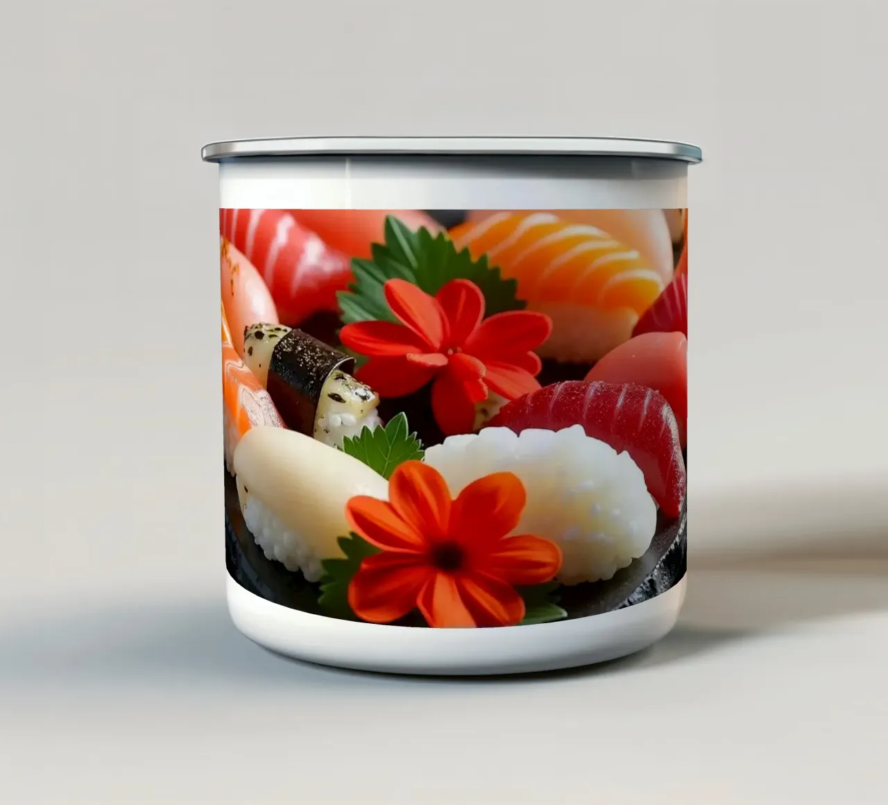 Piatto di sushi colorato disposto a forma di cuore con fiori tazza in smalto da DesignDoodle
