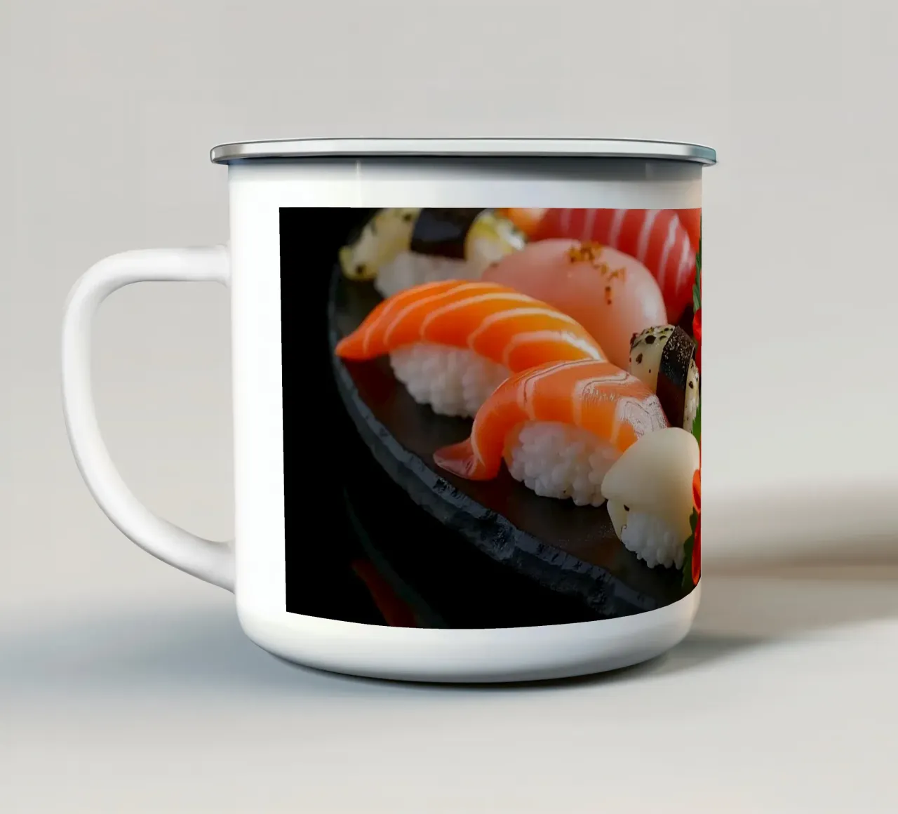 Piatto di sushi colorato disposto a forma di cuore con fiori tazza in smalto da DesignDoodle