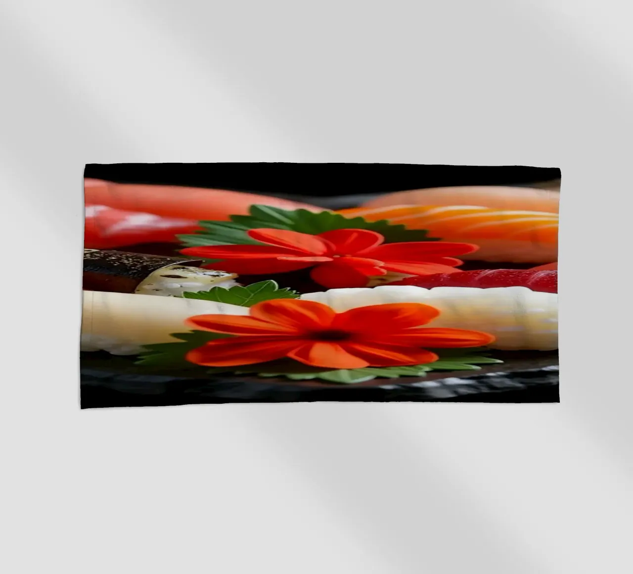 Piatto di sushi colorato disposto a forma di cuore con fiori telo mare da DesignDoodle