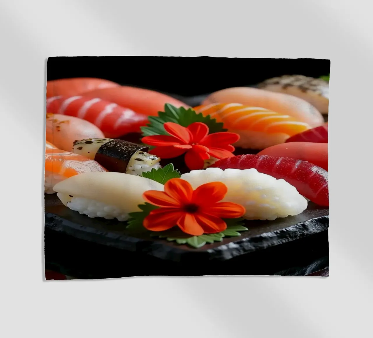 Piatto di sushi colorato disposto a forma di cuore con fiori telo mare da DesignDoodle