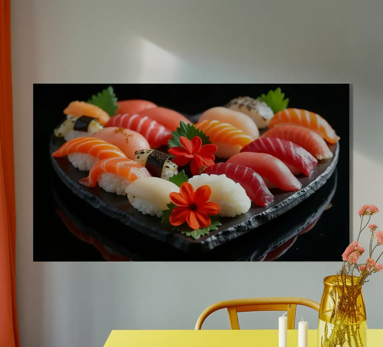 Piatto di sushi colorato disposto a forma di cuore con fiori plexiglass da DesignDoodle
