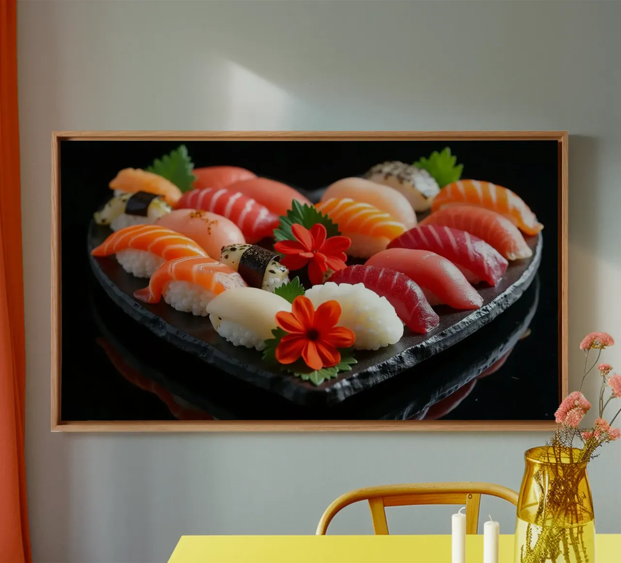 Piatto di sushi colorato disposto a forma di cuore con fiori tela con Cornice a cassetta da DesignDoodle
