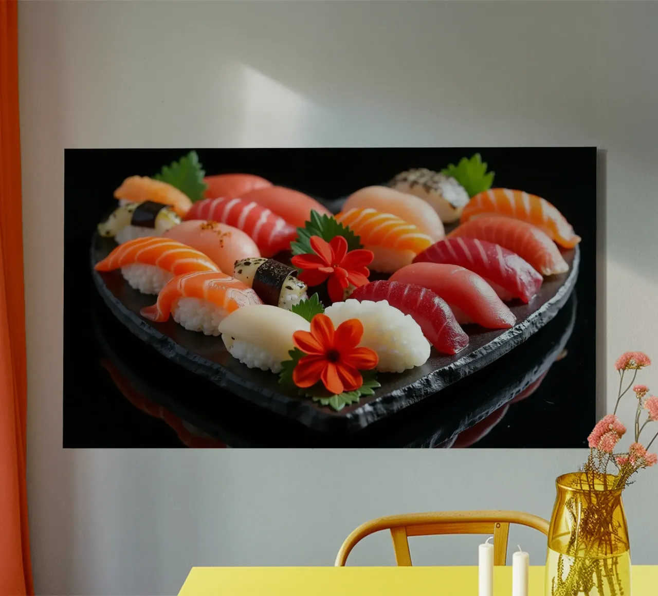 Piatto di sushi colorato disposto a forma di cuore con fiori tela con Cornice a cassetta da DesignDoodle