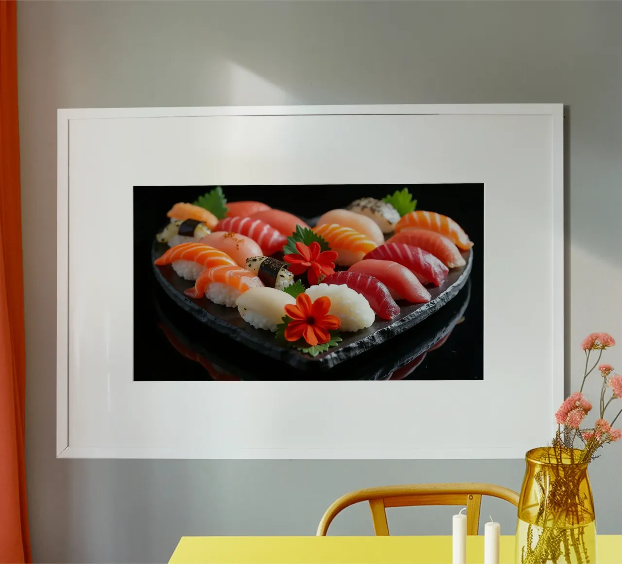 Piatto di sushi colorato disposto a forma di cuore con fiori carta hahnemühle da DesignDoodle