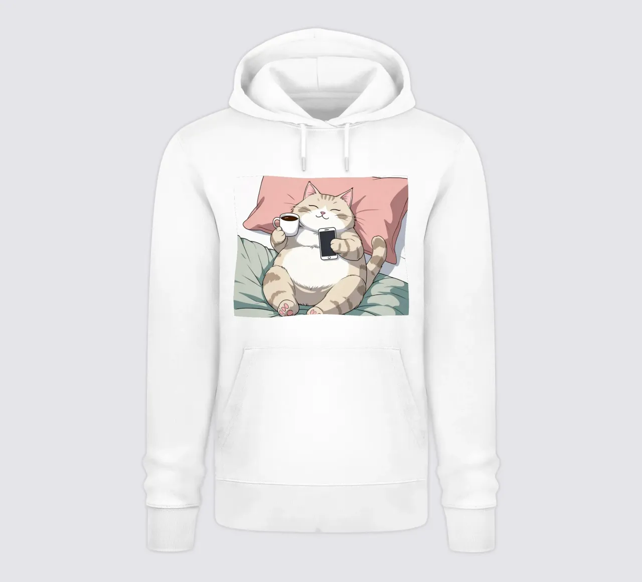 Gatto che si rilassa su un morbido cuscino gustando un caffè felpa con cappuccio da DesignDoodle
