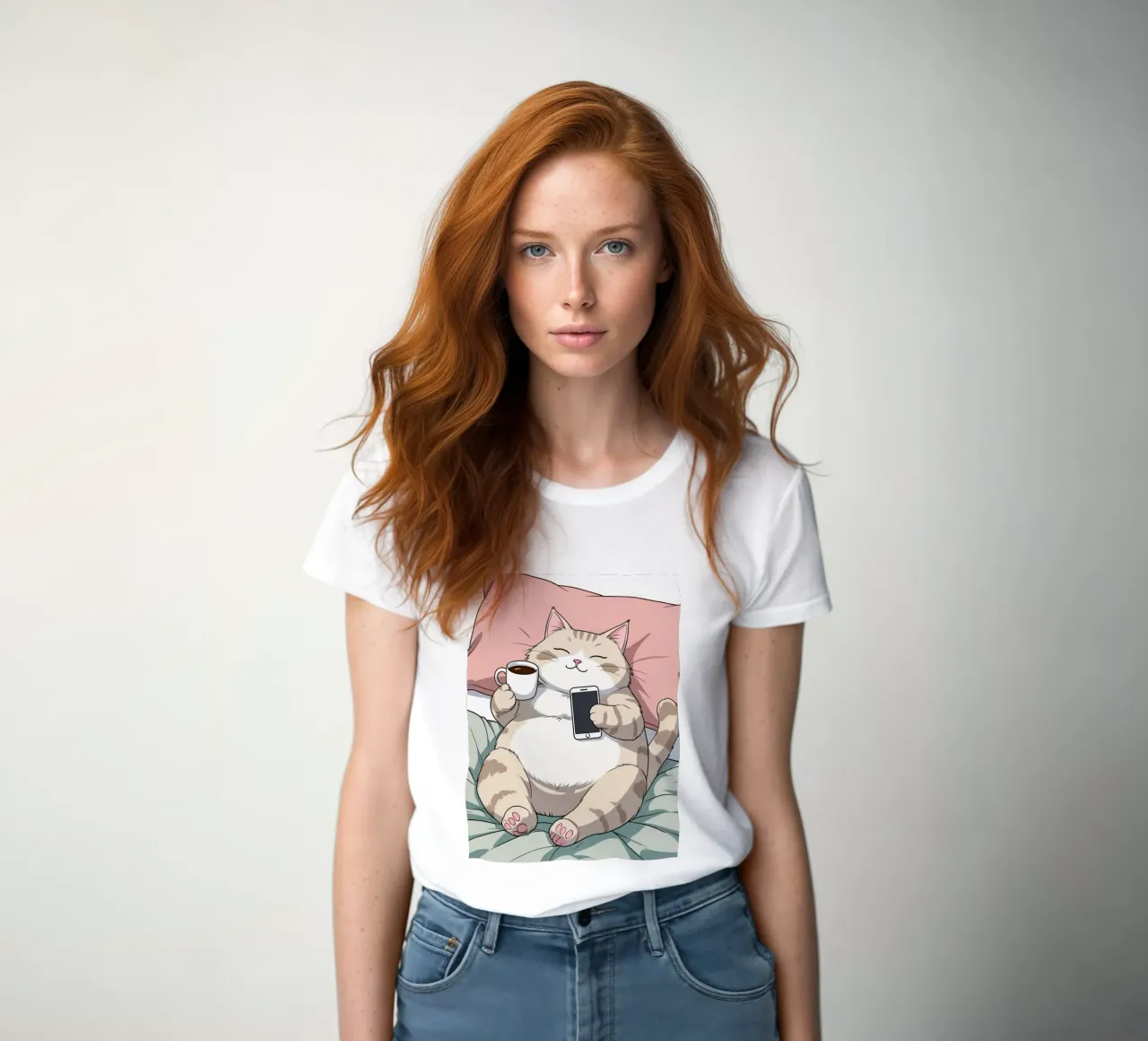 Cat relaxing on a soft pillow while enjoying coffee women's fitted t-shirt by DesignDoodle