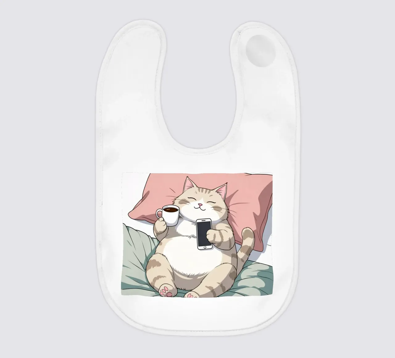 Gatto che si rilassa su un morbido cuscino gustando un caffè bavaglino da DesignDoodle